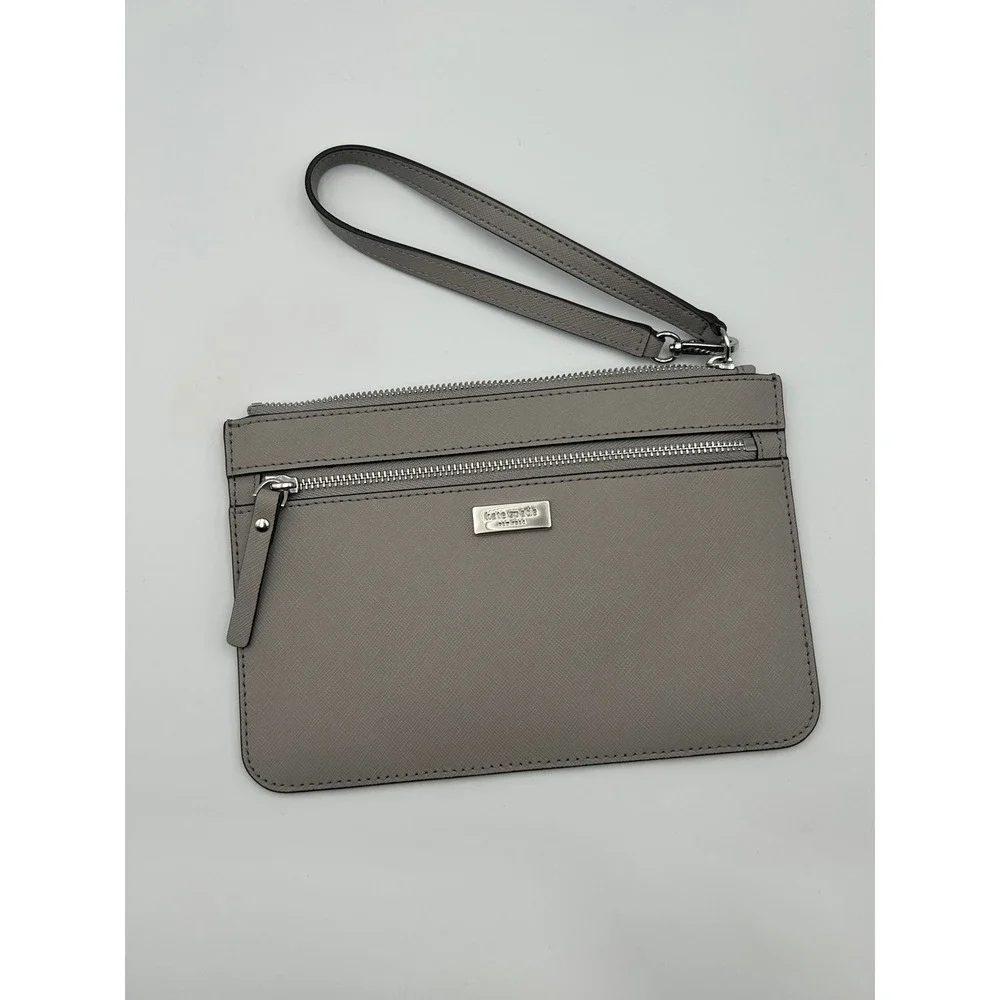 Kate Spade New York Grey‎ Saffiano Leather Wristlet Clutch Bag Silver Hardware